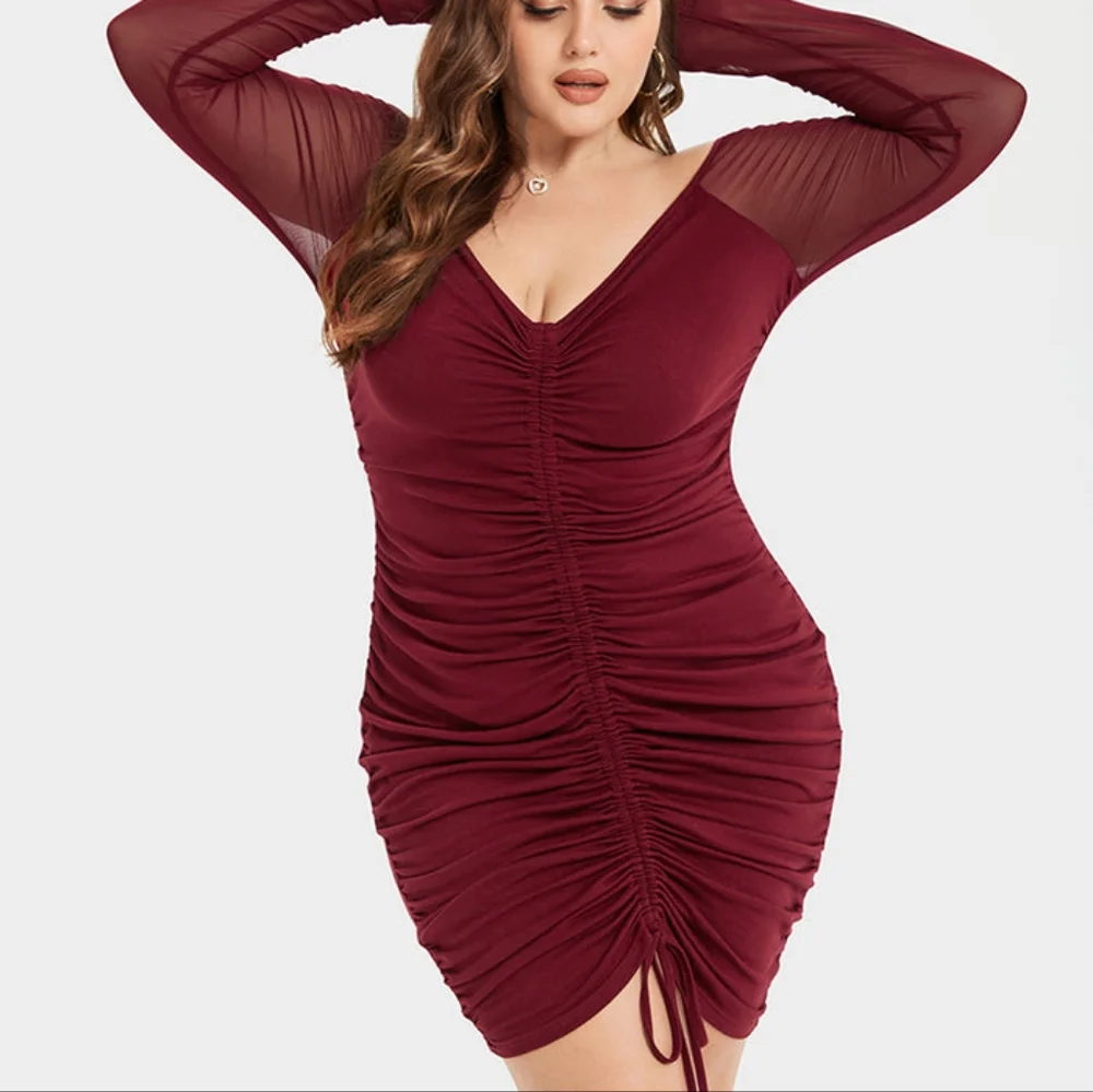 Contrast Mesh Drawstring Ruched Party Dress - Picture 3 of 4